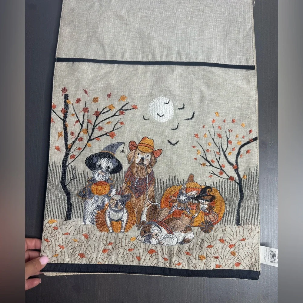 Pier 1 One Fall Halloween Embroidered Dogs & Cats In Costumes Table Runner